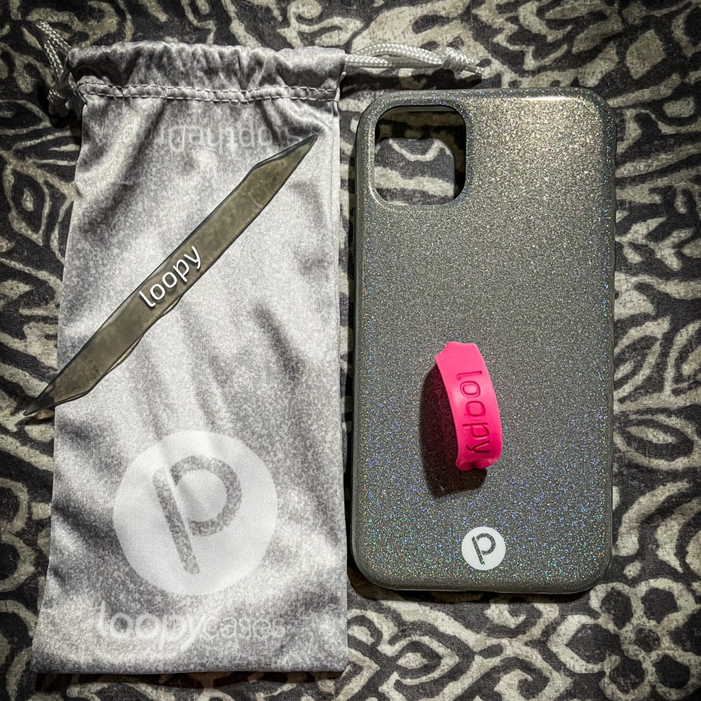 iPhone 11 Sparkle Silver Loopy phone case with extra pink loop